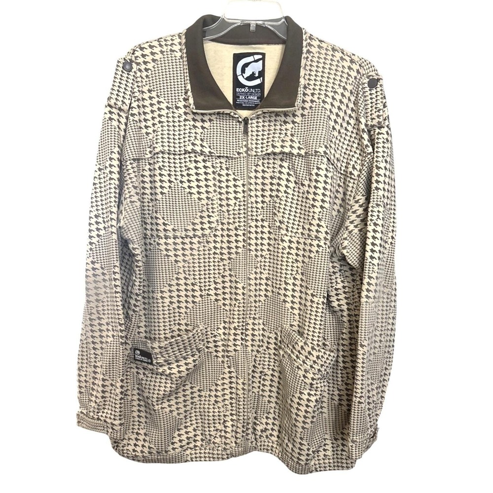 Ecko Unltd 2XL Houndstooth Jacket Y2K Cyber Punk Cream Brown Full Zip
